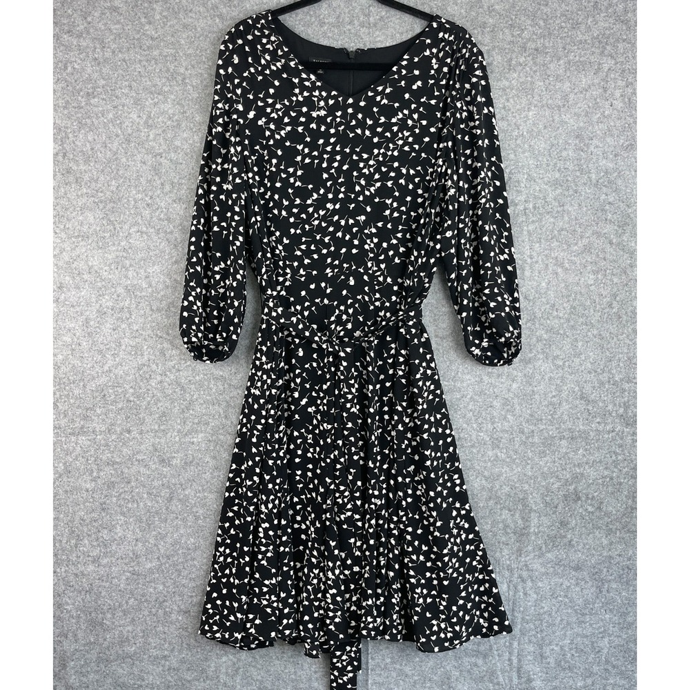 Talbot Fit and Flare Dress Womens 16 Black Floral Stretch Midi Career Classic